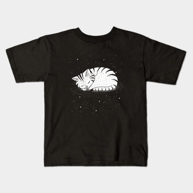 Cute Cat Taking Nap on a Galaxy Kids T-Shirt by Juandamurai